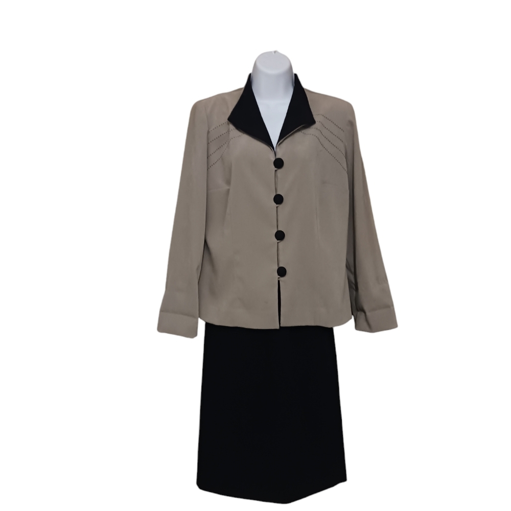 Leslie Faye Suit-Long Sleeve, Button up Front, Velour Tan & Black, Black Skirt